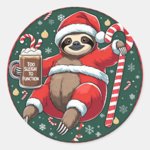 Cute Santa Sloth on Candy Cane with Hot Cocoa Classic Round Sticker