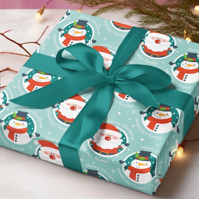 Cute Santa Snowman Aqua Christmas Pattern Wrapping Paper (Creator Uploaded)