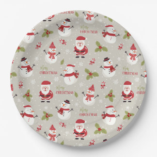Cute Santa & Snowman Merry Christmas Pattern Paper Plate