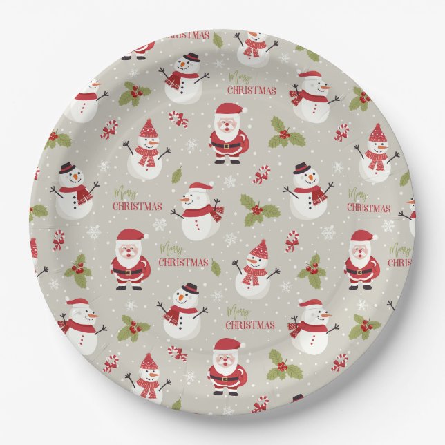 Cute Santa & Snowman Merry Christmas Pattern Paper Plate (Front)