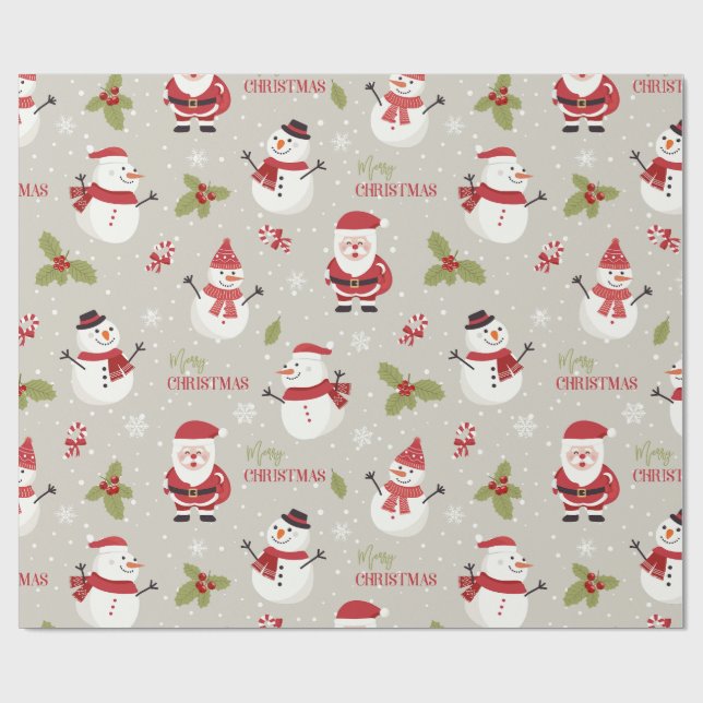 Cute Santa & Snowman Merry Christmas Pattern Wrapping Paper (Flat)