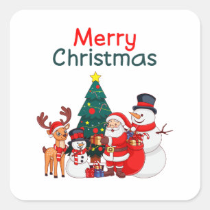 Cute Santa, Snowman & Reindeer Merry Christmas Square Sticker