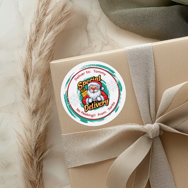 Cute Santa Special Delivery No Peeking Classic Round Sticker (Creator Uploaded)