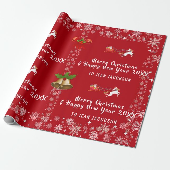 Cute Santa Unicorn Modern Script Holly Personalize Wrapping Paper (Unrolled)