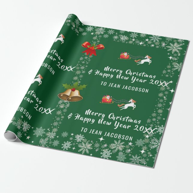 Cute Santa Unicorn Modern Script Holly Personalize Wrapping Paper (Unrolled)