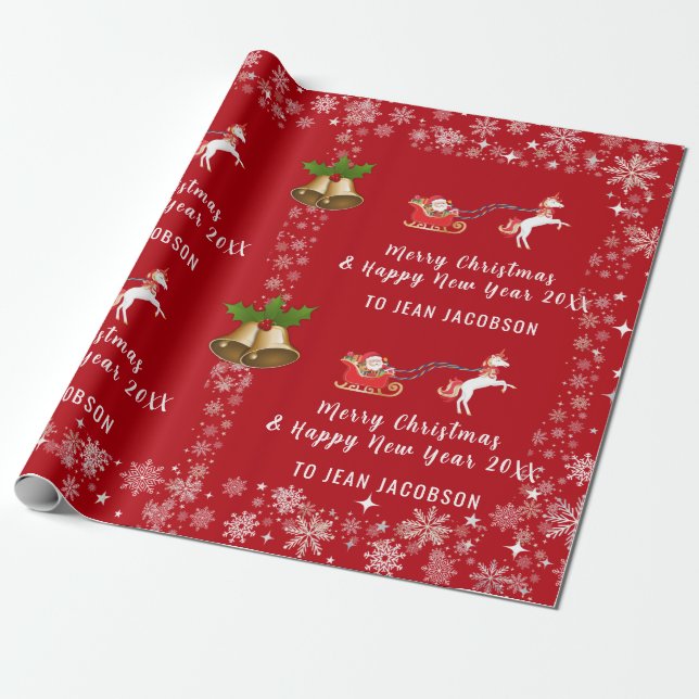 Cute Santa Unicorn Modern Script Personalized Name Wrapping Paper (Unrolled)
