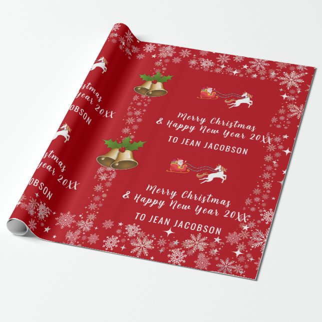 Cute Santa Unicorn Modern Script Personalized Name Wrapping Paper (Unrolled)