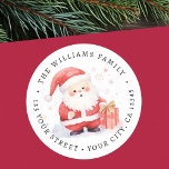 Cute Santa watercolor illustration return address Classic Round Sticker<br><div class="desc">Return address rubber label featuring an illustration of a cute Santa holding a gift,  and your name and address.</div>