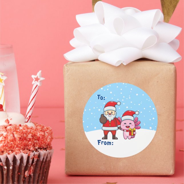 Cute Santa with Axolotl, To and From  Classic Round Sticker (Party)