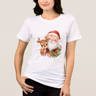 Cute Santa with Baby Deer Christmas T-Shirt    Tri-Blend Shirt