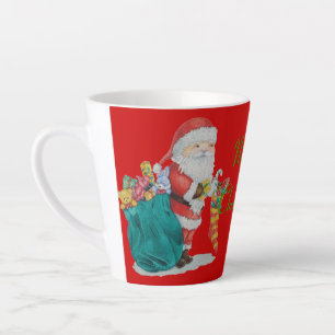 cute santa with green sack delivering at christmas latte mug