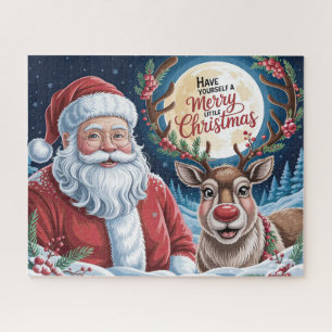 Cute Santa With Merry Christmas Reindeer Jigsaw Puzzle