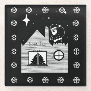 cute santa with sack black and white christmas glass coaster