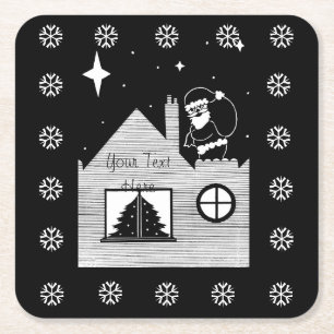 cute santa with sack black and white christmas square paper coaster