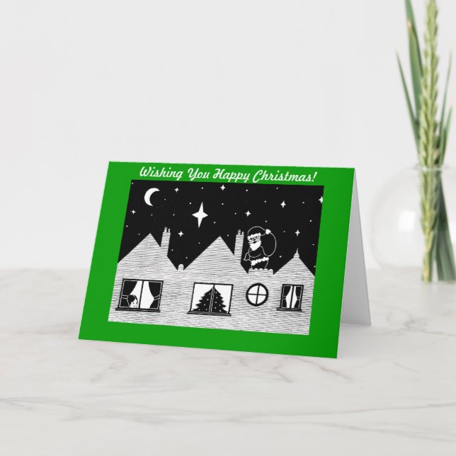 Cute santa with sack on roof black and white art holiday card (Front)
