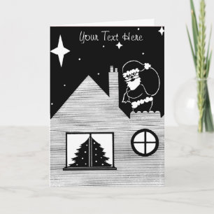 Cute santa with sack on roof black and white art holiday card