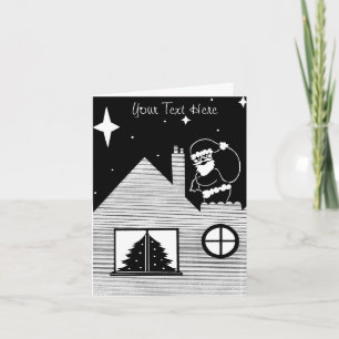 Cute santa with sack on roof black and white art holiday card