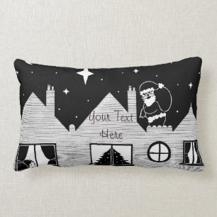 Cute santa with sack on roof black and white art lumbar pillow