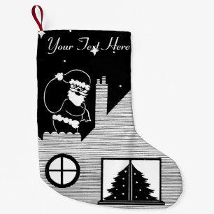 Cute santa with sack on roof black and white art small christmas stocking