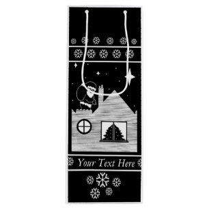 Cute santa with sack on roof black and white art wine gift bag