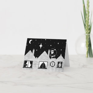 Cute santa with sack on roof black and white holiday card