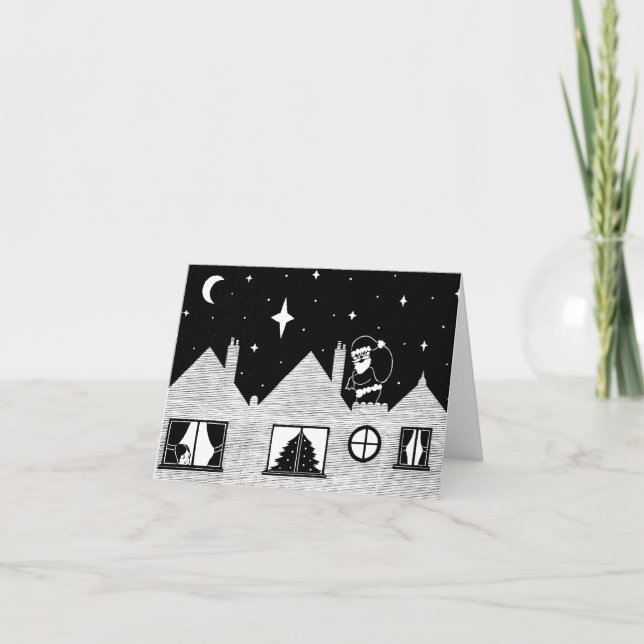 Cute santa with sack on roof black and white holiday card (Front)