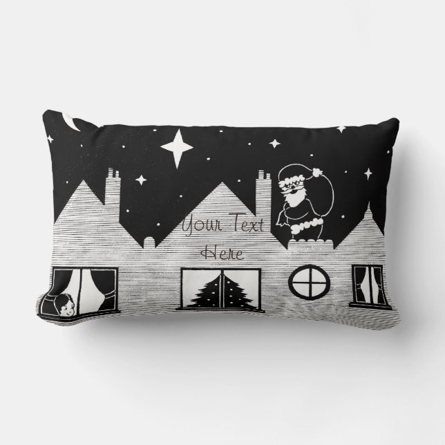 Cute santa with sack on roof black and white lumbar pillow (Front)