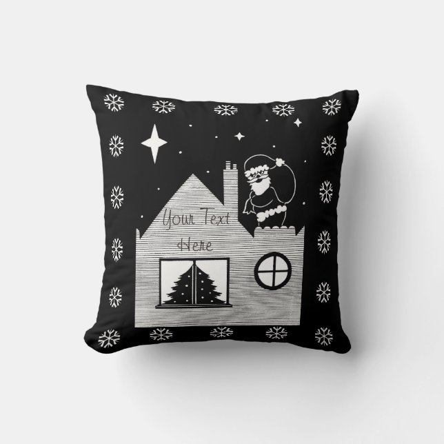 Cute santa with sack on roof black and white throw pillow (Front)