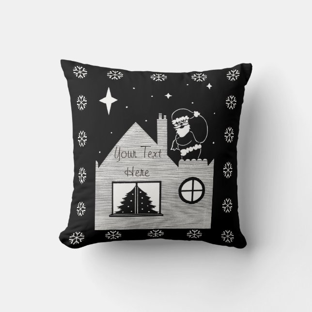Cute santa with sack on roof black and white throw pillow (Front)
