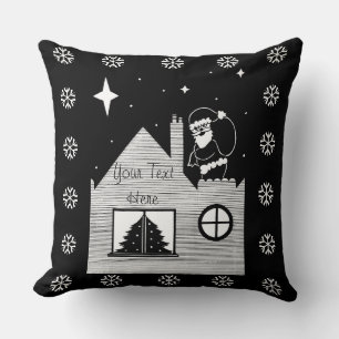 Cute santa with sack on roof monochrome christmas throw pillow