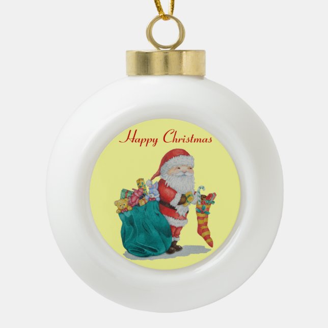 cute santa with wrapped presants in green sack ceramic ball christmas ornament (Front)
