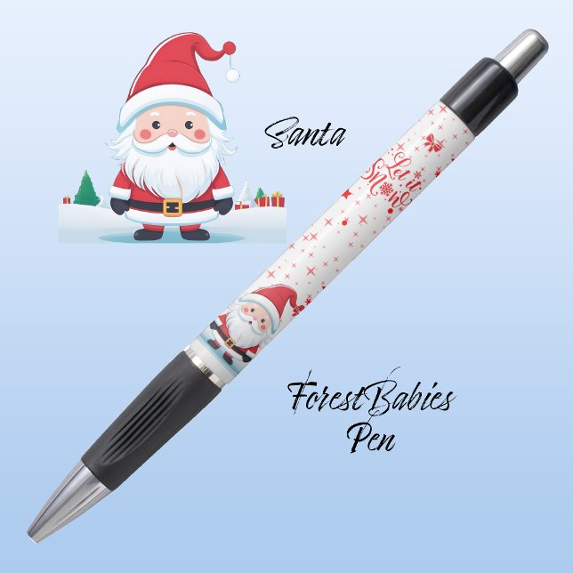 Cute Santa Xmas Gift, Let it Snow Cartoon White ⛄️ Pen (Santa Claus, Let it Snow, Red Sparkles, Stars and Bows ForestBabies Christmas Pen 🦌🎄✨)