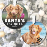 Cute Santa's Favourite Dog Photo Christmas Ornament<br><div class="desc">Personalized "Santa's Favourite" Dog Photo Ornament. Add some holiday cheer and humour to your decor with this playful ornament, perfect for showing off your pup's lovable personality. The front features the festive text "Santa's Favourite" along with your dog's name, adding a fun twist to celebrate your furry friend. There's also...</div>