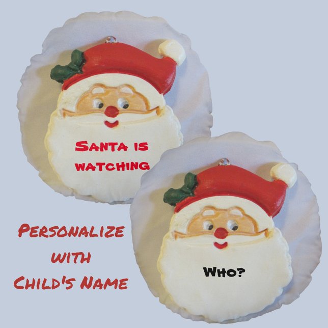 Cute Santa's Watching Child's Name Christmas Round Pillow (Creator Uploaded)