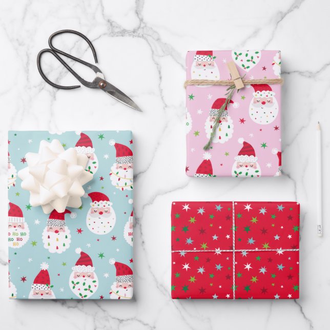 Cute Santas with festive beards blue and pink Wrapping Paper Sheet (Front)