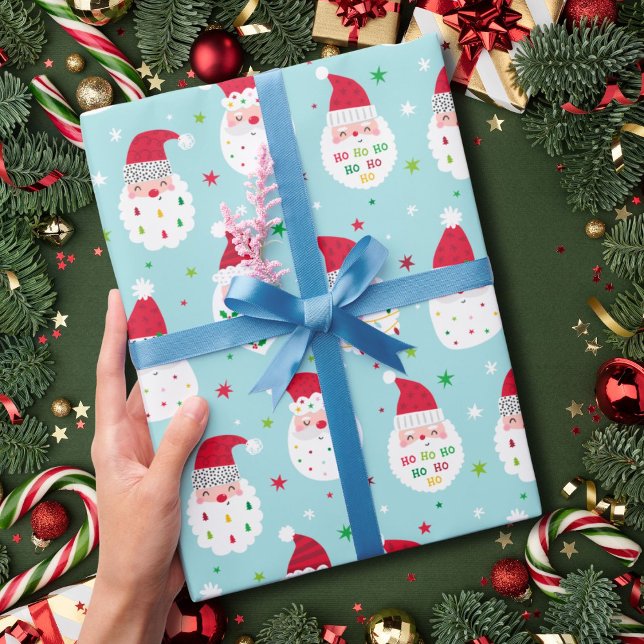 Cute Santas with festive beards blue Wrapping Paper (Creator Uploaded)