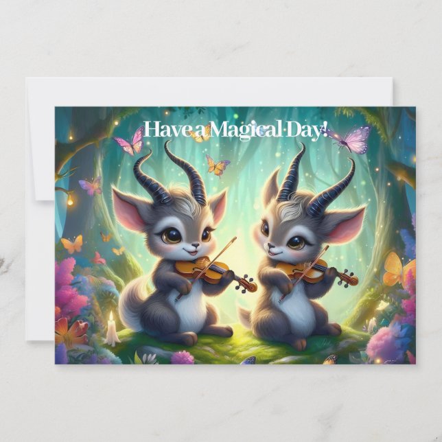 Cute Saolas Playing Violas in a Magical Forest Holiday Card (Front)