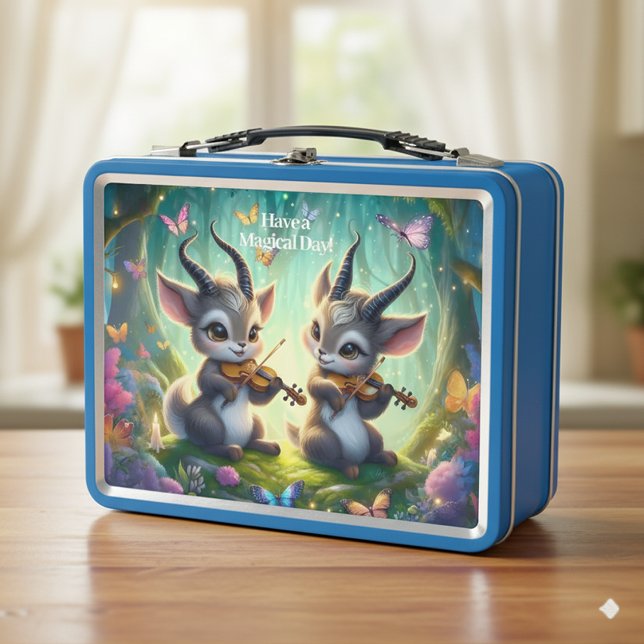Cute Saolas Playing Violas in a Magical Forest Metal Lunch Box (Saolas Playing Violas in Magical Forest Lunchbox Cover Photo)