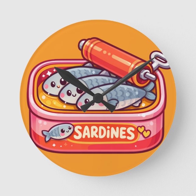Cute Sardines Can Pink Orange Round Clock (Front)