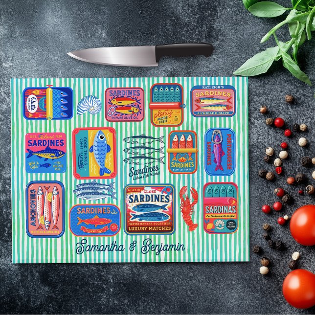 Cute sardines cans crustaceans blue striped cutting board (Creator Uploaded)