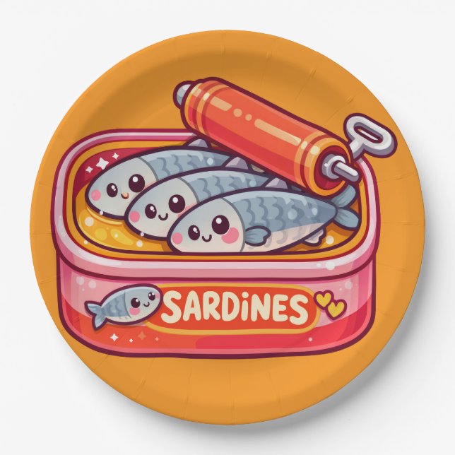 Cute Sardines Fish Cartoon Paper Plate (Front)