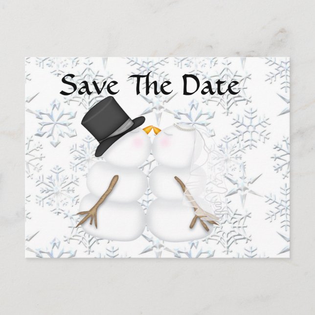CUTE Save the Date BRIDE & GROOM Snowman Announcement Postcard (Front)