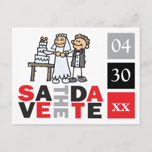 Cute Save The Dates Card Couple Cut Wedding Cake