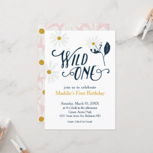 Cute Scandi Daisy Wild One First Birthday Invitation