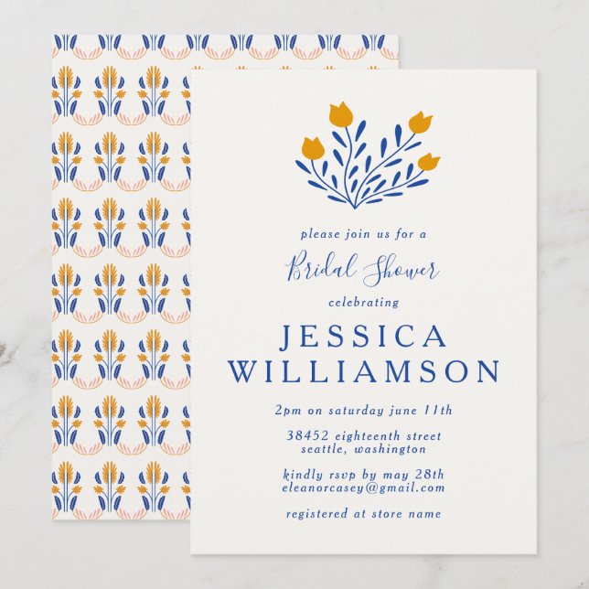Cute Scandi Folk Flowers in Blue Bridal Shower Invitation (Front/Back)