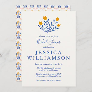 Cute Scandi Folk Flowers in Blue Bridal Shower Invitation