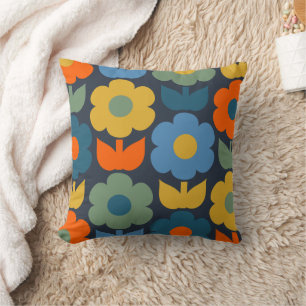 Cute Scandi Retro Modern Floral Pattern Blue Throw Pillow