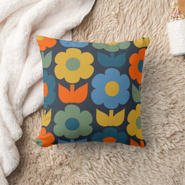 Cute Scandi Retro Modern Floral Pattern Blue Throw Pillow (Blanket)