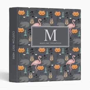 Cute Scandinavian Animals Grey Monogram 3 Ring Bin Binder