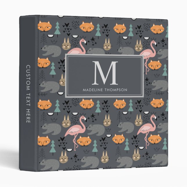 Cute Scandinavian Animals Grey Monogram 3 Ring Bin Binder (Front/Spine)